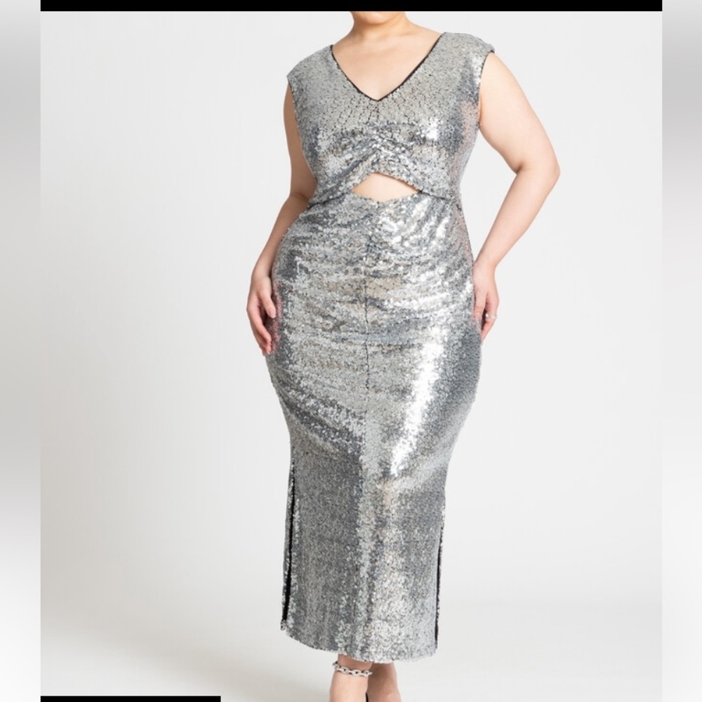 Eloquii silver sequin maxi dress with cutout